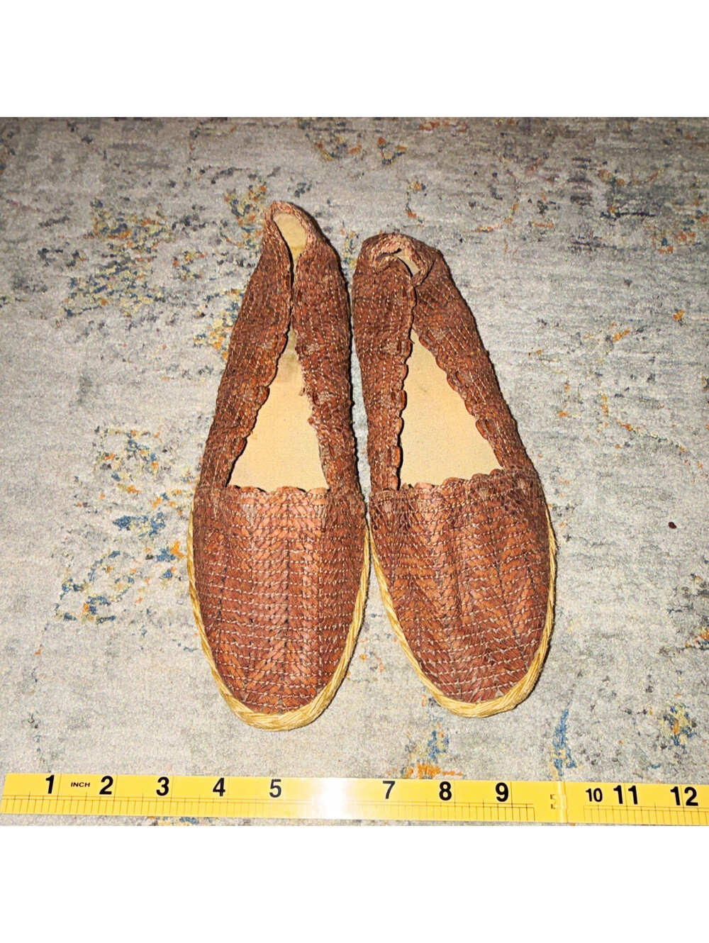 Women’s Brown Woven Slip-On Flat Shoes Almond Toe Rubber Outsole Woven Pattern